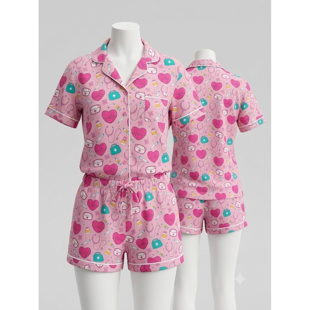 Jane‎ Marie Womens 2XL Pajama Set Pink Nurse Medical Theme 2pc Shirt Shorts Plus